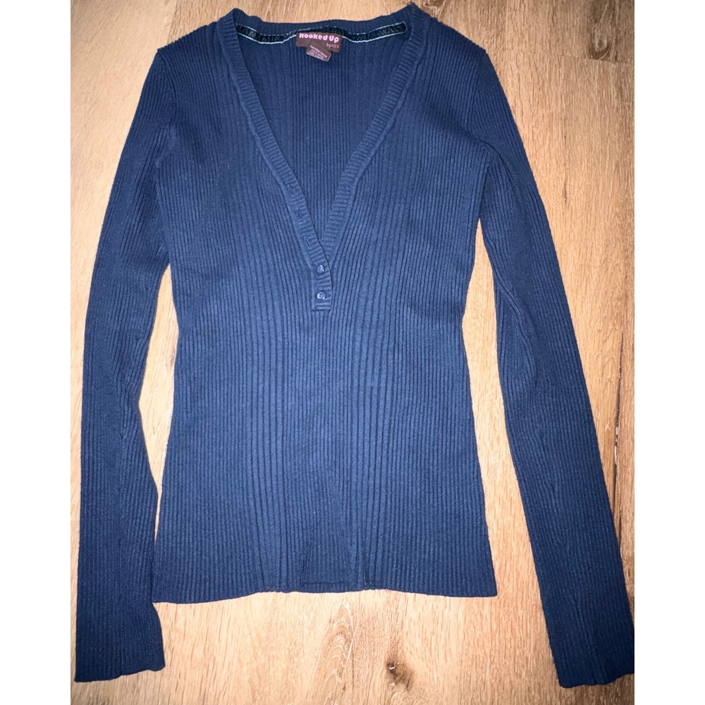 Hooked Up by IOT Womens Navy Blue Ribbed Henley V-Neck Knit Top XL